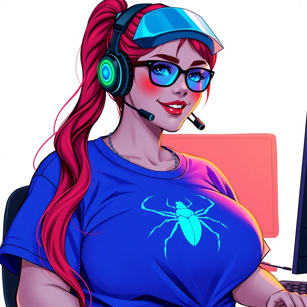 A cyberpunk vigilante’s full-figured intelligent and tech-savvy 29-year-old girlfriend, who is a computer hacker and tech genius. She has a long ruby red ponytail and bright blue eyes. She wears a sapphire beetle gemstone necklace, and an oversized maximum blue t-shirt featuring a neon blue glowing icon of a beetle on its chest. She has a full-figured physique with a prominent, gargantuan, round midsection, reflecting her well-cared-for lifestyle. She sports a sapphire headset with hi-tech maximum turquoise lensed HUD visor, black eyeglasses, and a beaming smile with a passionate bright red blush. Despite her figure and a lack of self-esteem, she radiates an air of beauty. She has a slim face which contributes to her radiant beauty. She serves as his tech expert from his hideout, diligently working at her lab table and computer desk. The background is solid white. She is drawn as if she was in a retro 2D cyberpunk fighting game.