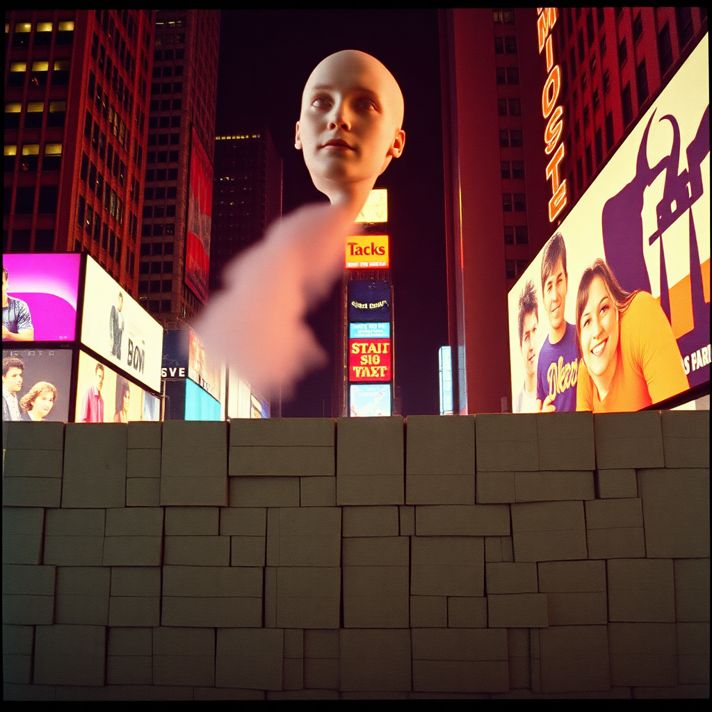 Highly detailed Kodachrome color real surrealist photograph from 1974 of There's something solid forming in the air And the wall of death is lowered in Times Square