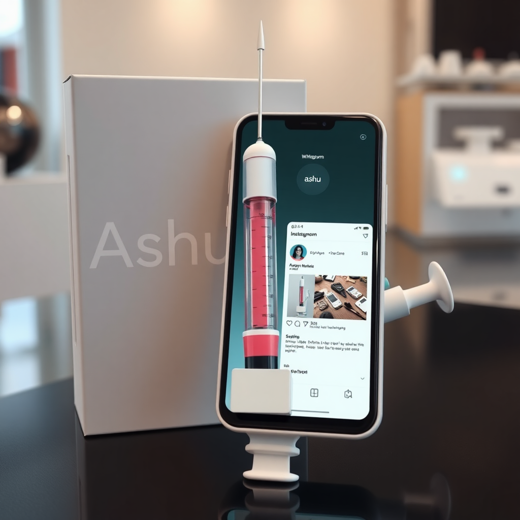 A close-up straight front view of a mobile phone in a shape inspired by a syringe, white pink futuristic, kept for sale leaning against a box with the text "Ashu" and minimal design, in a showroom, touchscreen phone with an Instagram page open on the screen, needle on top, whitepunk.