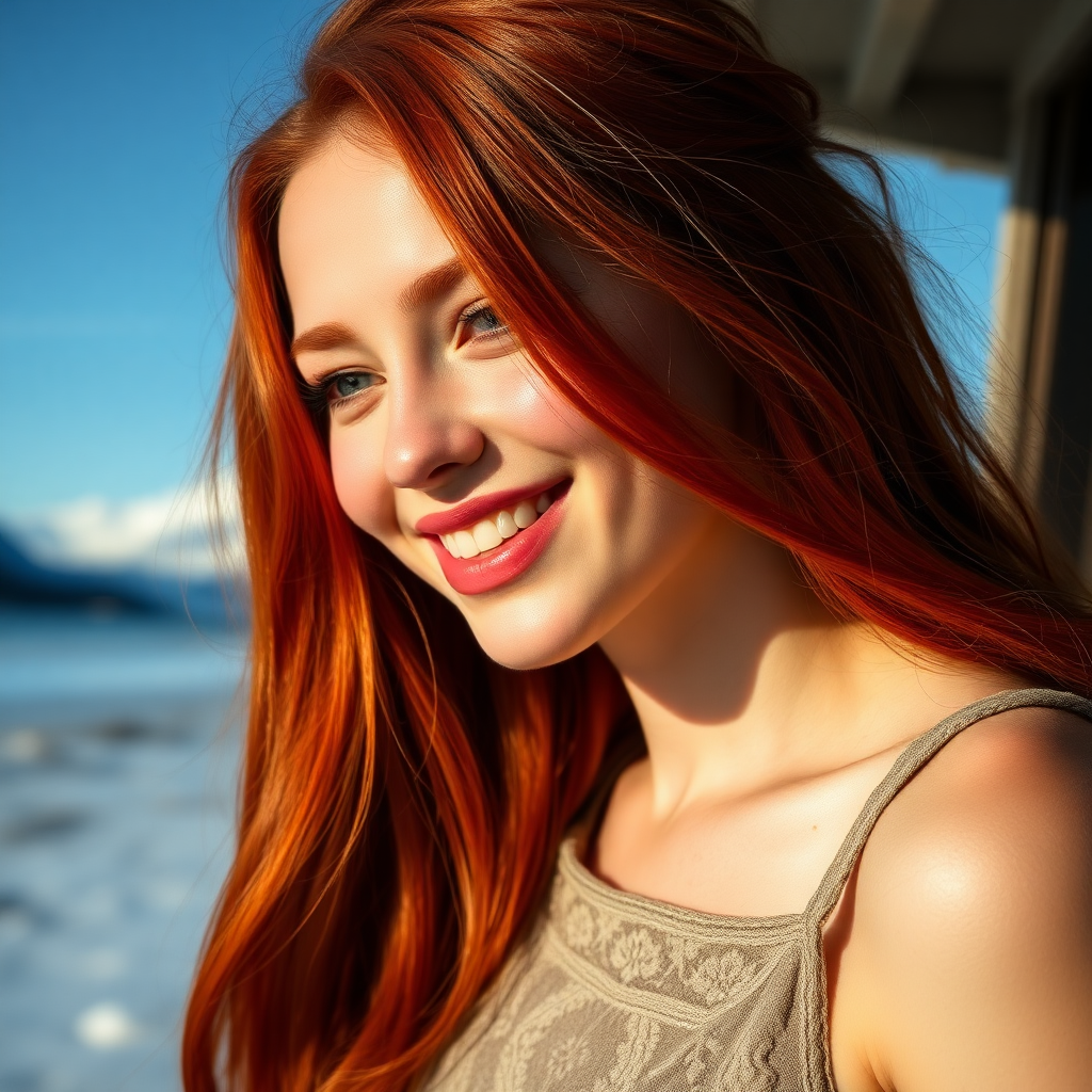 beautiful young woman with red long hair, full lips, pale skin, on Alaska, smiling