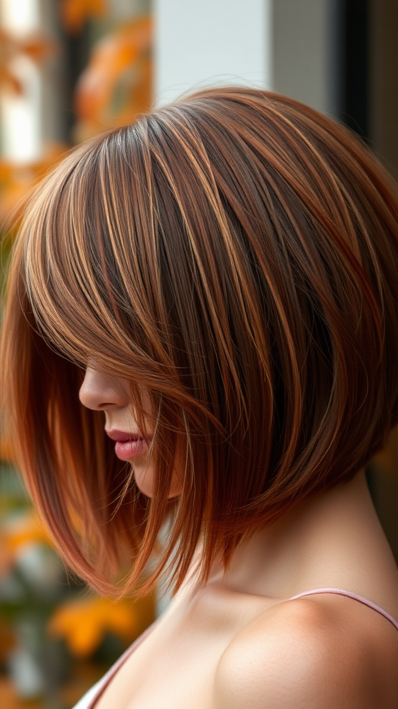 Tyra Banks bowl cut hair with different shades of color, featuring autumn chestnut foliage, in high definition.