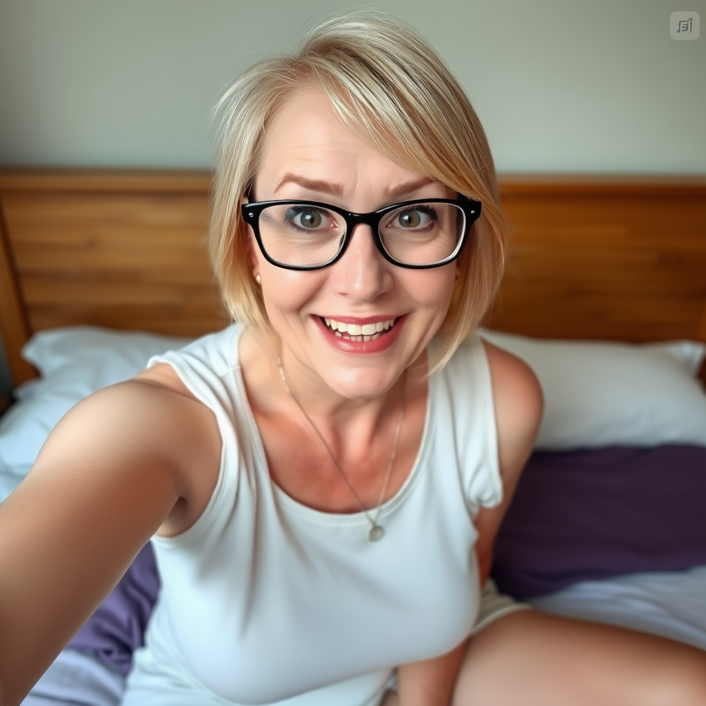 Woman, One, 40 Years old, British, Pale skin, White skin, Large chest, Thick thighs, Busty thighs, Long droopy jaw, Sharp nose, Horny face, Happy face, Open mouth, Blonde hair, Short hair, Straight hair, Brown eye color, thin Glasses, Cotton shorts, Sleeveless t-shirt, necklace, Bed, Motherly, seductive selfie