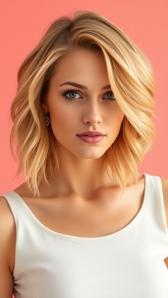 Candice Swanepoel with short wavy hair in blonde with orange highlights, solid color background, in high definition.