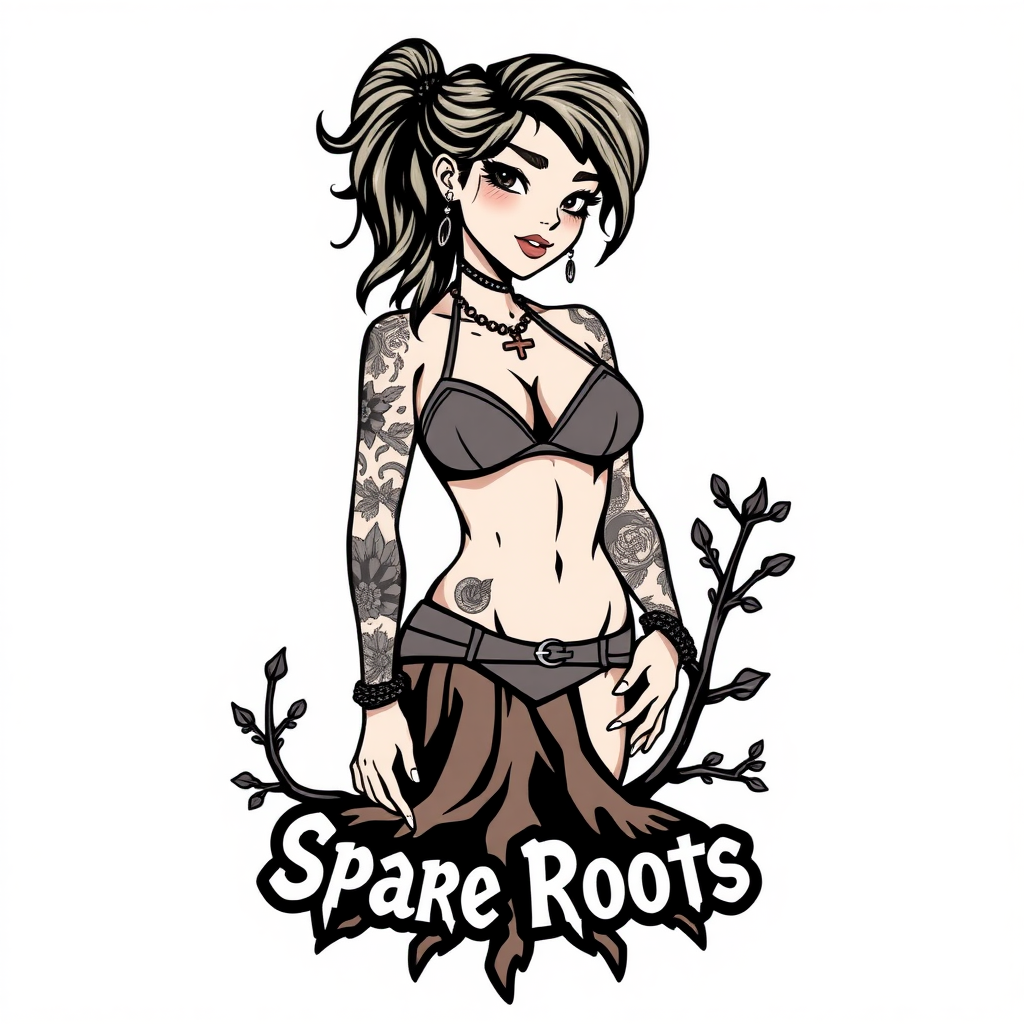 A modern tshirt design that features a gritty tattooed cartoon woman in a bikini. the bottom of the design reads "Spare Roots". the image has a blank white background.