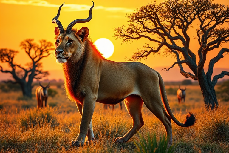 Create a full-length photorealistic image of a lion that embodies the musculature and silhouette of an antelope, while retaining its head and facial features. The creature should maintain its characteristic skin and fur. Design the background to blend elements inspired by both animals, showcasing lush savannah grasslands alongside twisted acacia trees, capturing the essence of each species' habitat harmoniously. Ensure the lighting is natural, depicting the warmth of a golden sunset, enhancing the textures of the fur and landscape, creating a striking and surreal composition.