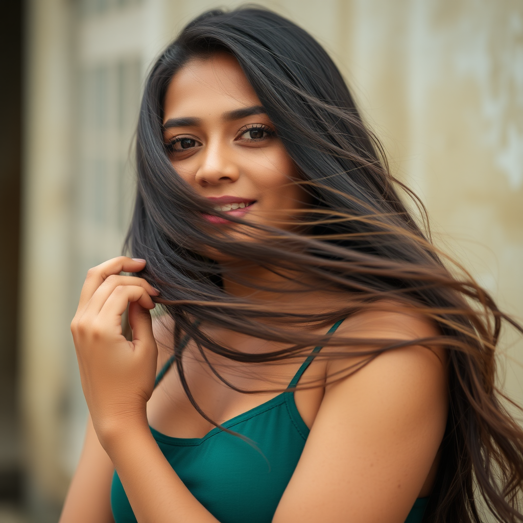 An attractive Sinhalese woman in her 20s playing with her long hair