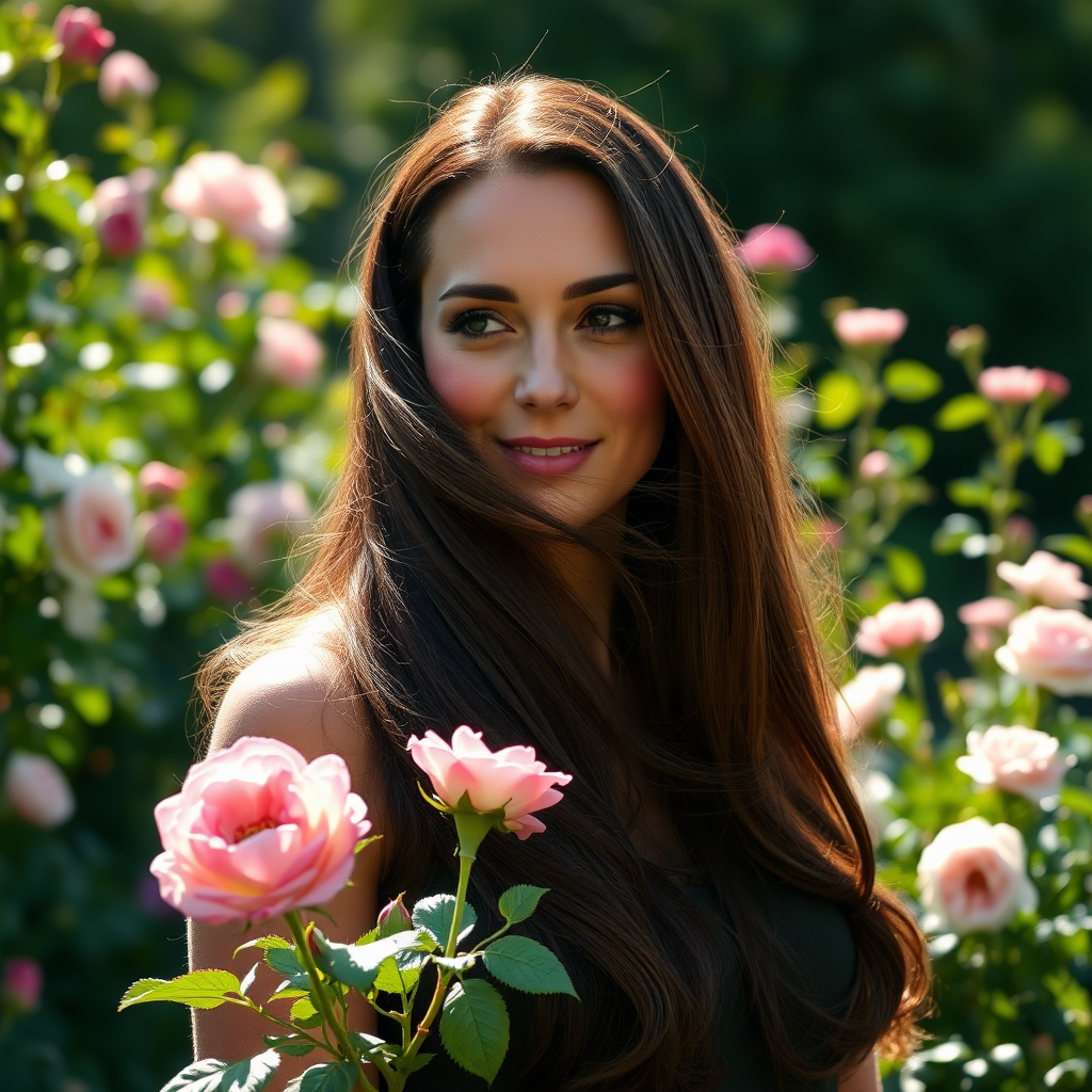 In a sun-drenched, ethereal setting, Catherine, the Duchess of Cambridge, gracefully stands amidst a lush garden, her long, flowing dark hair cascading like a waterfall of silk over her shoulders. The sunlight glints off her hair, creating a halo effect that highlights her serene beauty. She exudes an air of confident elegance, as delicate flowers bloom vibrantly around her, their colors rich and varied—from soft pinks to deep purples—contrasting beautifully with her fair complexion. The gentle breeze carries the sweet fragrance of blooming roses, while the soft rustle of leaves adds a tranquil melody to the scene. Her expression is one of peaceful poise, embodying a sense of freedom and natural grace, as her hair artfully veils her form, creating an intimate yet tasteful moment.