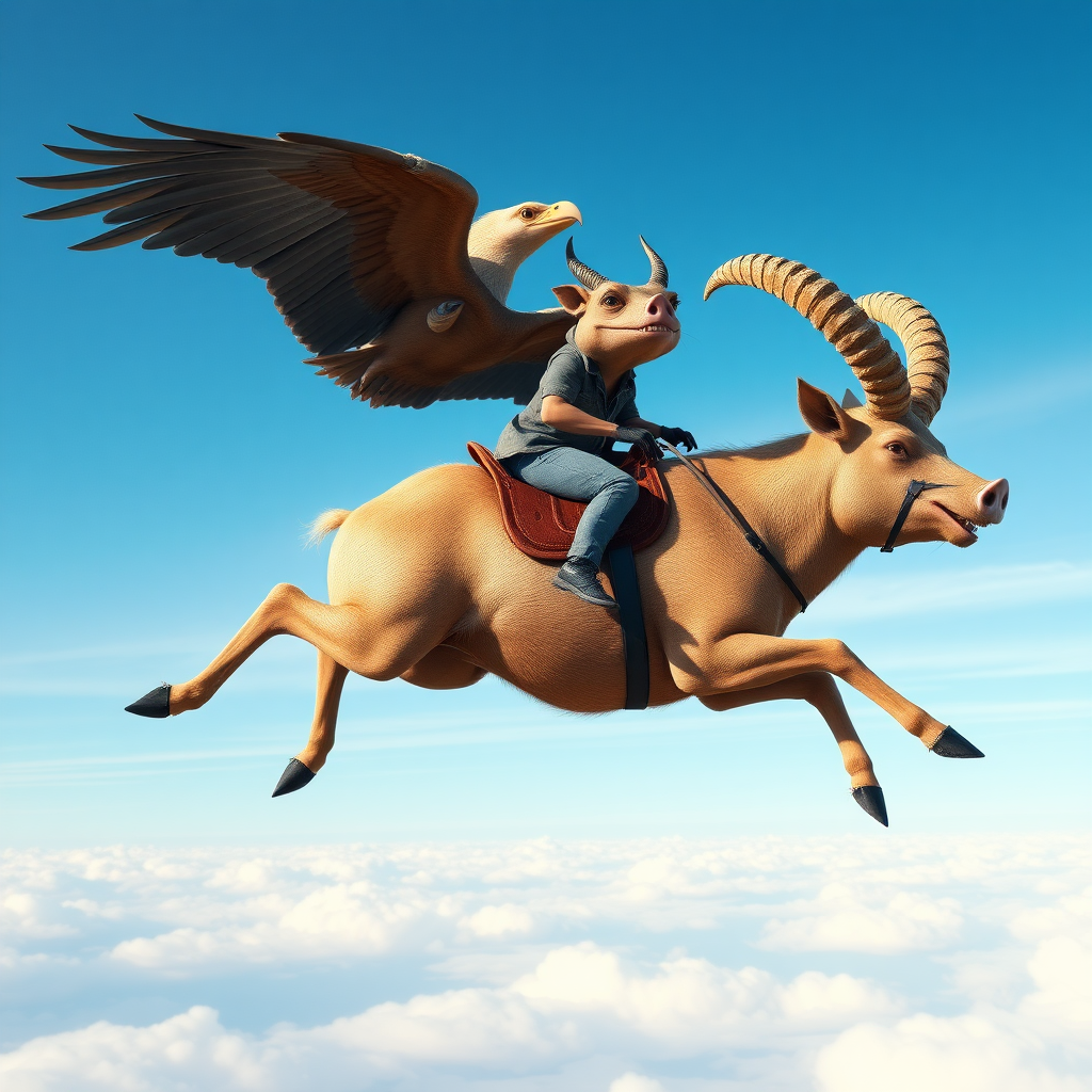 photorealistic image of two animals. The first animal is like a pig, but its slim and has legs like an eagle. The second animal is like a toad but its slim and has horns like a wild sheep (mouflon). The second animal also has teeth in his mouth. The first animal has a saddle and is galloping in the sky. The second animal rides the first animal. The first animal smiles stupidely.