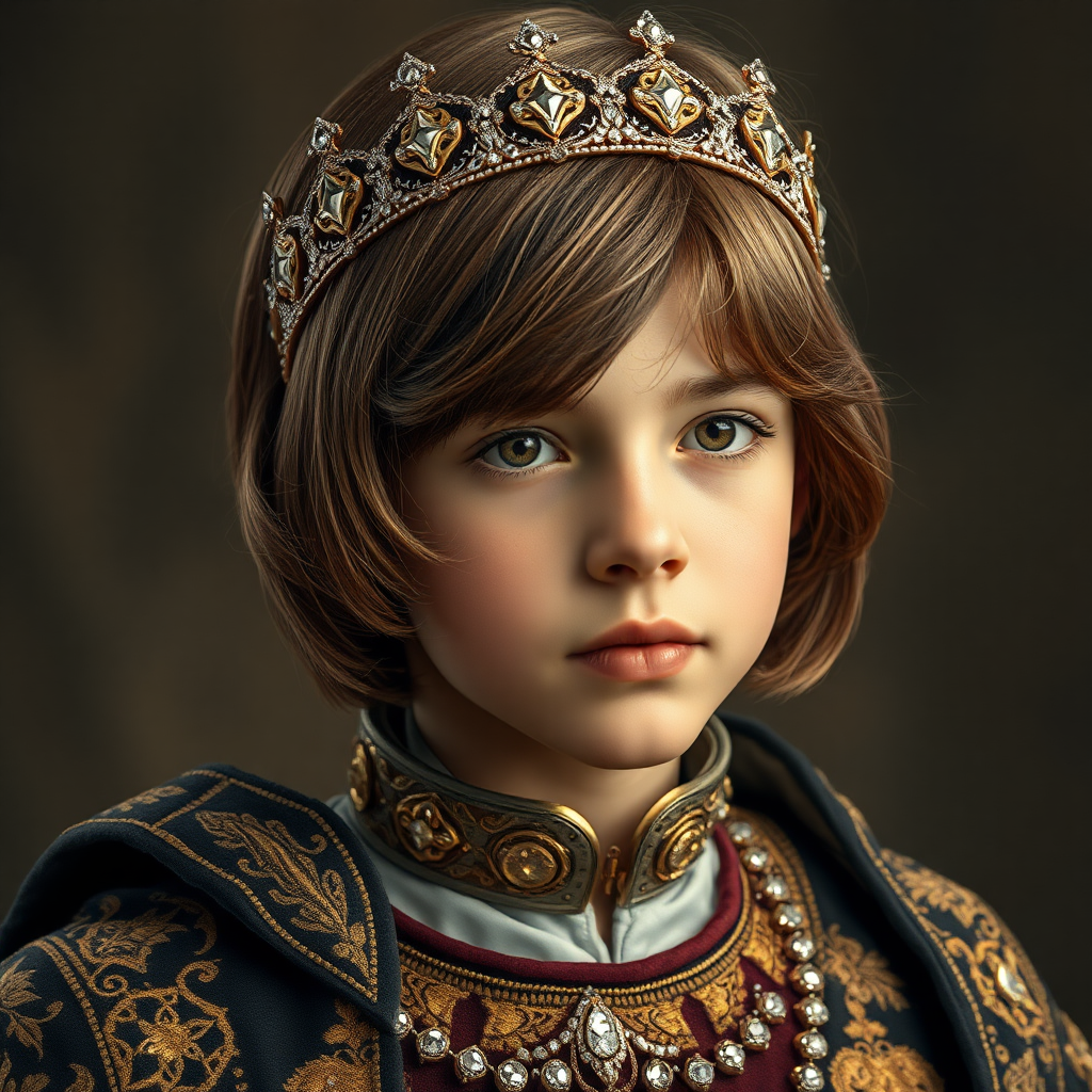 16yo teen boy prince, long bob cut, embroidered with gold and diamonds medieval cloths, diamond diadem. photorealistic, ultra high resolution, 16K,