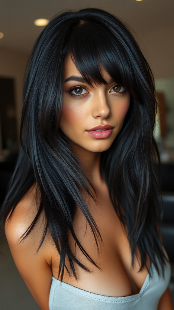 Beautiful model with shaggy black hair, in high definition, in the background, hair salon.