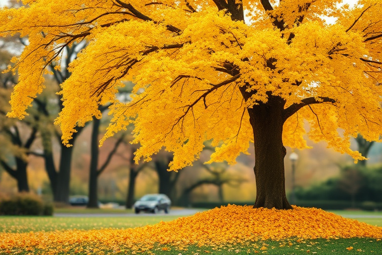 Draw it as if it were real, with an old, large, yellow ginkgo tree standing on the right, and ginkgo leaves piled up underneath, to express the fall when the ginkgo leaves fall, and the background should be out of focus to express an autumn park.