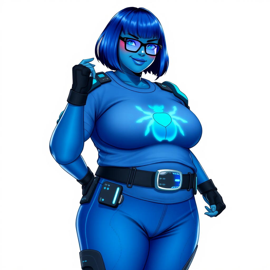 A 28-year-old, full-figured, metallic maximum blue (5PB 5/10) skinned computer program hybrid with a maximum blue bob cut. She has a non-athletic build, highlighted by a prominent, round, large midsection (with a full emphasis on her large belly), which shows the effects of her love of junk food acquired from her boyfriend. As the full-figured, nerdy, digital sidekick to her cyberpunk vigilante boyfriend, her metallic maximum blue skin and maximum blue lipstick (5PB 5/12) emphasize her digital nature. Her skin has a subtle, animated glow, with digital patterns occasionally flickering across it, making her digital nature obvious. She wears a digital, computerized costume, consisting of a huge, tight-fitting, maximum blue t-shirt (5PB 5/12) with a neon blue glowing chest icon of a beetle, hi-tech shoulder pads with neon blue accents, a black hi-tech belt with a digital neon blue glowing buckle, digital maximum blue pants (5PB 5/12) with neon blue accents, and black hi-tech fingerless biker gloves with neon blue glowing accents. Her neon blue glowing eyes, black eyeglasses with neon blue glowing lenses equipped with a built-in HUD, and bashful smile with neon red blush accentuate her nerdiness. She stands bashfully with one hand behind her back and the other hand gently touching her cheek, her costume covering all her skin and fully emphasizing her full-figured physique (especially her belly). She is clearly non-athletic, with a focus on her full-figured physique. Despite her build, she radiates beauty. She has a slim face compared to her physique, accentuating her radiant beauty. She is on a solid white background. She is drawn as if she were in a retro 2D cyberpunk fighting game. Ensure her skin has a maximum blue (5PB 5/10) skin tone.