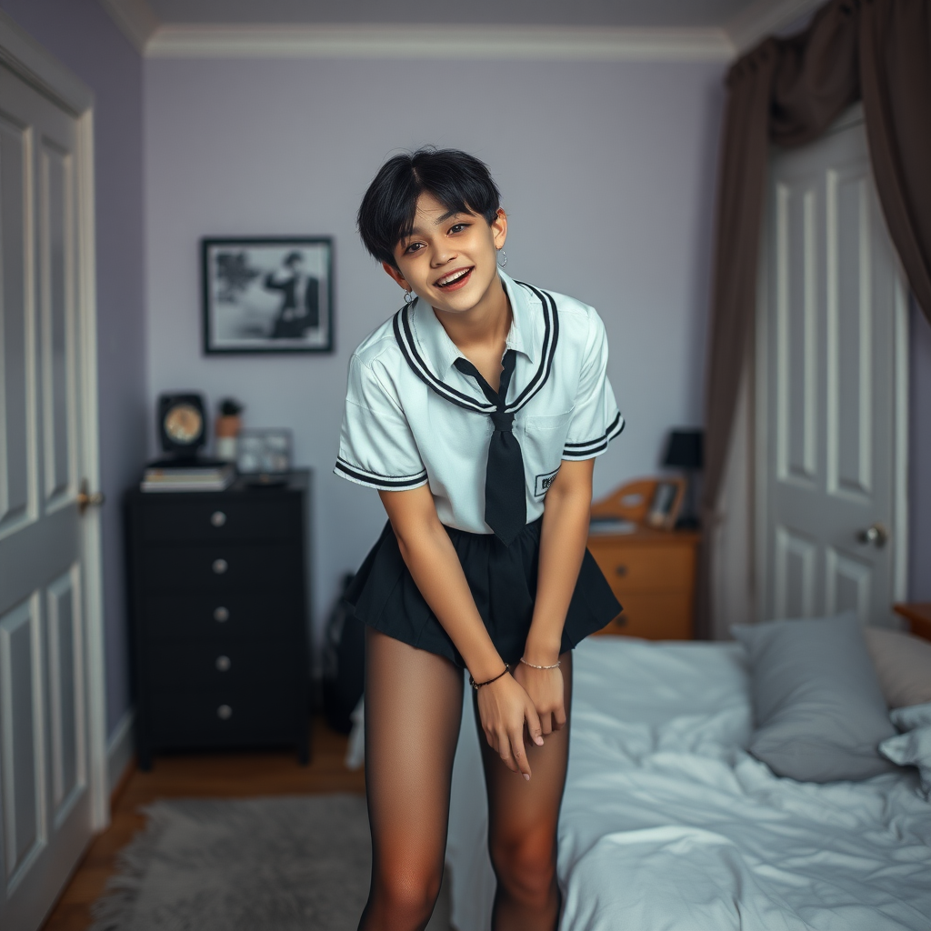 photorealistic, ultra high resolution, 16K, surreal fantasy, soft studio lighting, a pretty 16 year old goth male, slim male physique, short dark hair, goth makeup, earrings, sheer pantyhose, UK girls-school uniform, Mary-Jane shoes, in the bedroom - , excited smile, facing the camera.