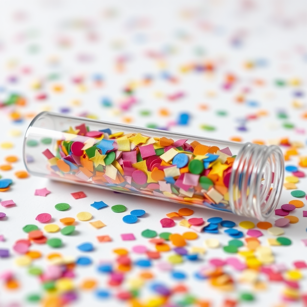 A photo of a glass fat transparent plain uniform confetti popper tube with colorful confetti inside, lying flat at an angle, with confetti around it, distant confetti blurred, reflections on the tube glass, tube closed from both ends.