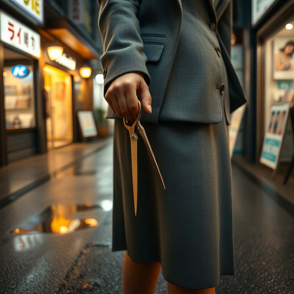 camera focuses on the lower portion of a Japanese businesswoman gripping a pair of long scissors that she holds pointed downward at her right side. She wears a grey blazer and a grey skirt and faces the camera. The lights from the shops in the alleyway glint off of the scissors. The lights from the shops in the alleyway are reflected in the rain puddles scattered on the asphalt of the ground.