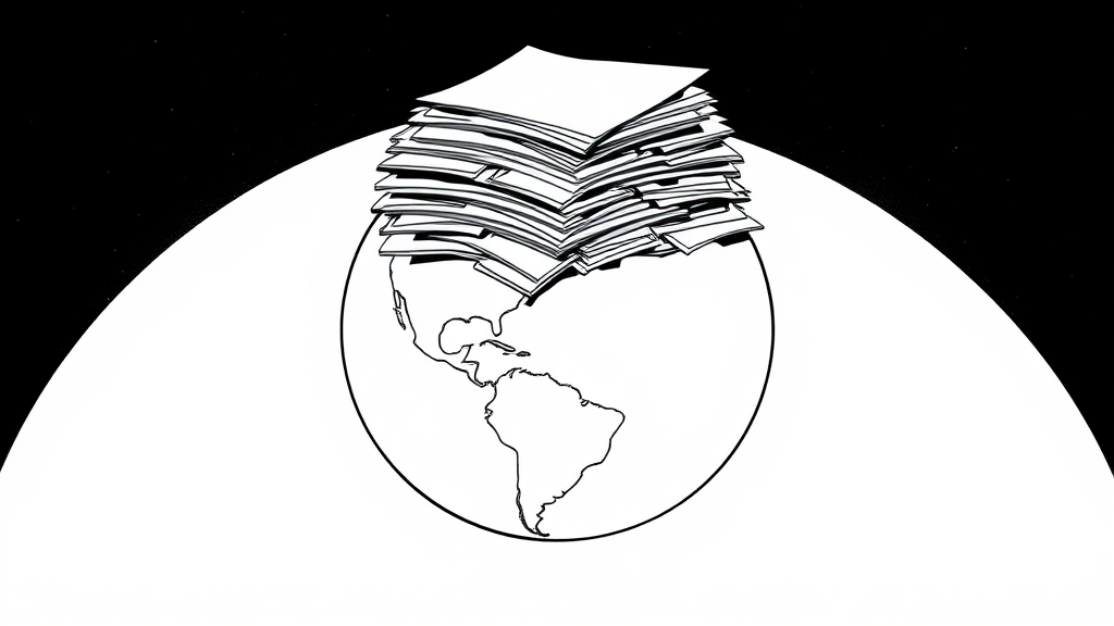 Create a comic image with a comic drawing of a globe showing Europe and America being covered with a massive stack of papers that reaches the stratosphere. The style is a minimalist drawing with only black ink.