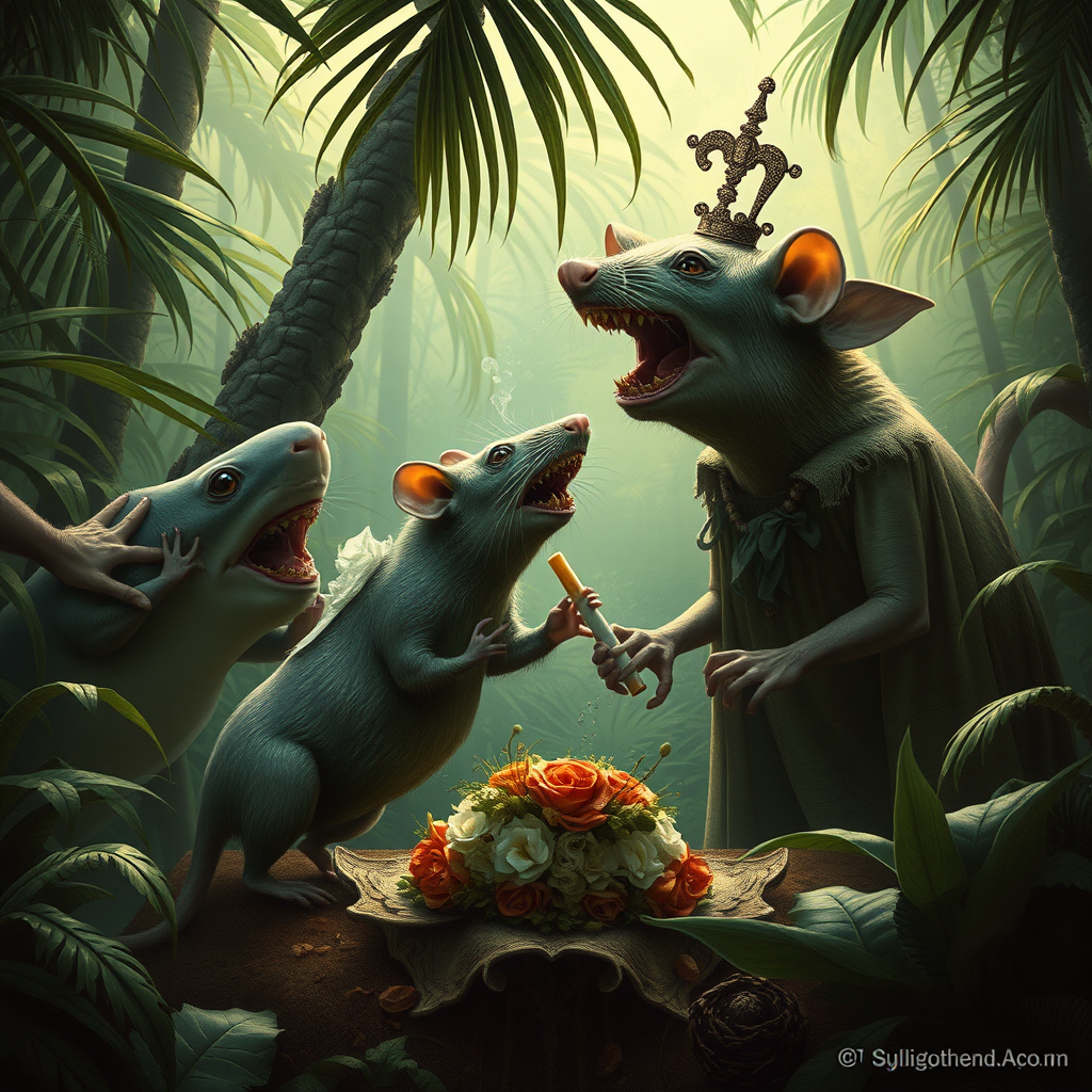 A rat wedding being attacked by hammerhead sharks, no text, Lovecraftian, sci fi, in the jungle, cigarette ad