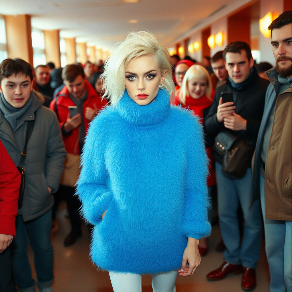 1990 winter afternoon daylight, crowded cinema lobby: Sam, 19 years old beautiful involuntary femboy, rebellious intractable character, short petite boyish figure, platinum blond boyish rebel punk hairstyle, flawless heavily made-up face with sharp arched tattooed eyebrows, wearing Supertanya-style fluffy very fuzzy bright blue angora thigh-length turtleneck-poncho fully covering body and arms, white shiny leggings, red leather high-heeled pumps, silver earrings, puzzled alarmed, pout serious, impatiently waiting for her master. Surrounded by much taller male visitors watching laughing taking pictures. Full view of scene.