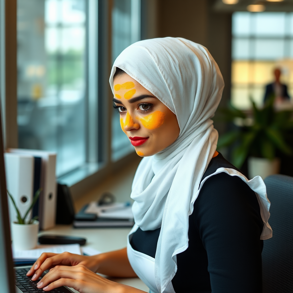 slim, modern, french maid, scarf head, turmeric paste on face, working in office