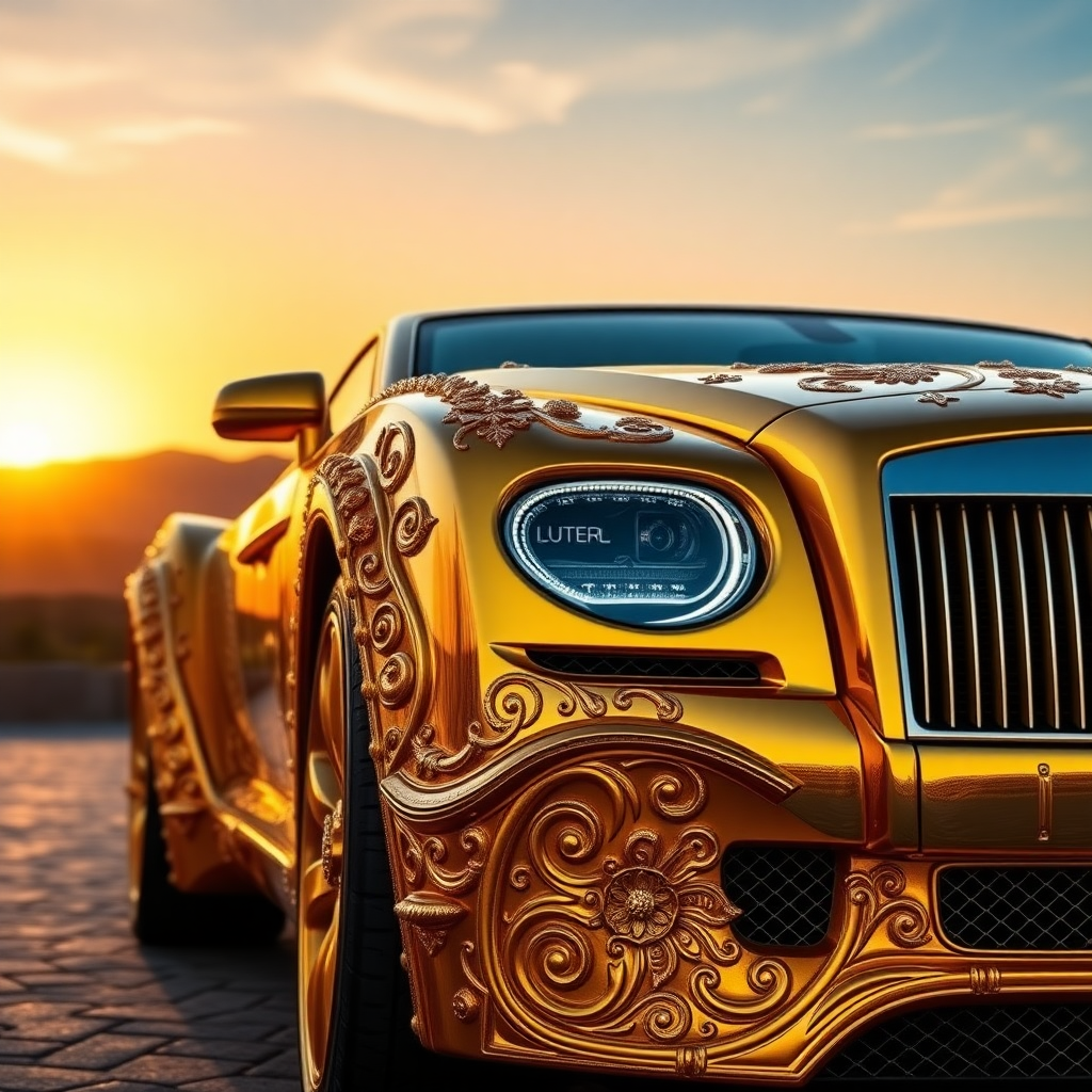 A luxurious, gold-plated car adorned with intricate, ornate designs and carvings. The vehicle features prominent headlights and a distinctive front grille, showcasing a fusion of elegance and extravagance. Set against a backdrop of mountains and a sunset, the scene conveys a sense of grandeur and sophistication.