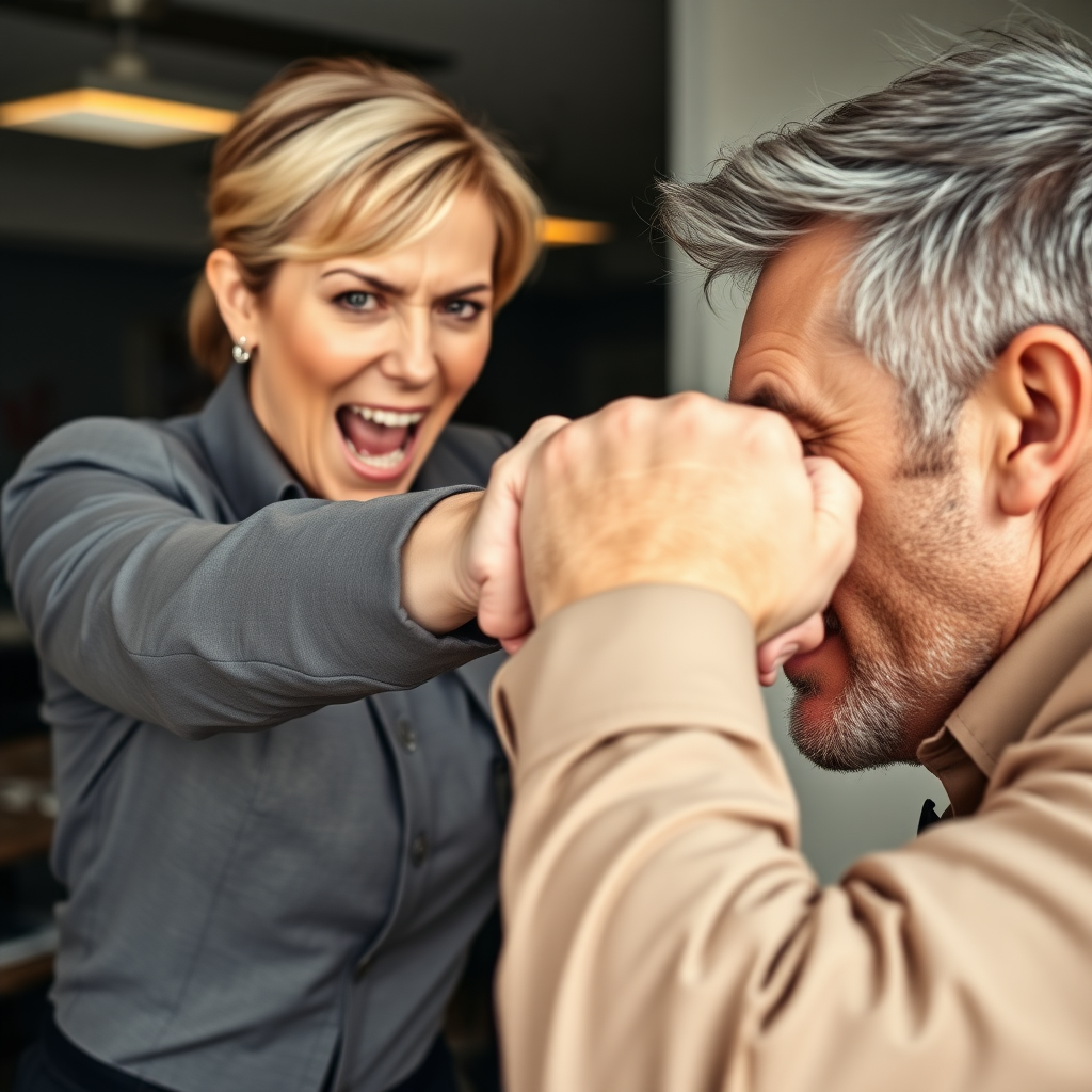 mature attractive business woman punching a man in the face, the fist is hitting his angry face and making strong impact, he looks visually disturbed