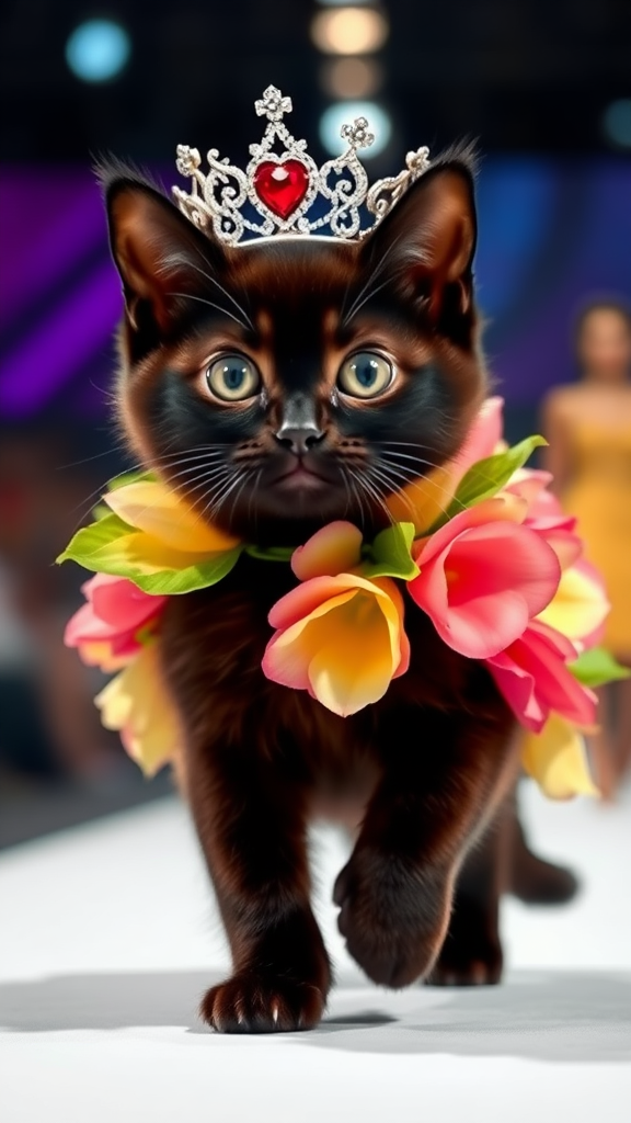 A little chubby cat with big eyes and a pink nose, black in color, walking on two paws, wearing a real flower costume and a beautiful crown, doing a runway walk in a fashion show.