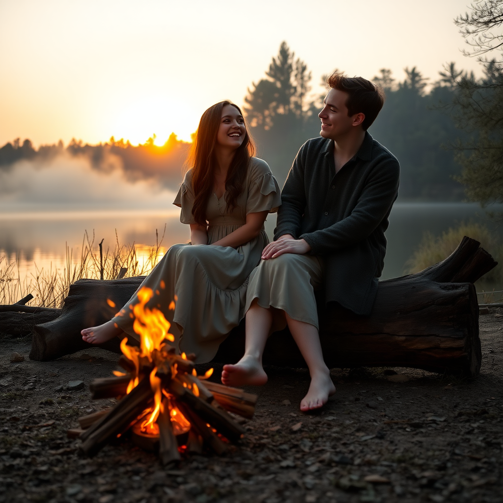 A young woman and her male friend sitting on a trunk. A fireplace is on the ground at the shore of a lake. She has long brunette hair. She is wearing a dress. Barefoot. They are laughing together. The sinking sun is falling through the trees. A little fog is rising from the lake. Light like in a fairy tale, romantic. Medieval clothes. Photo.