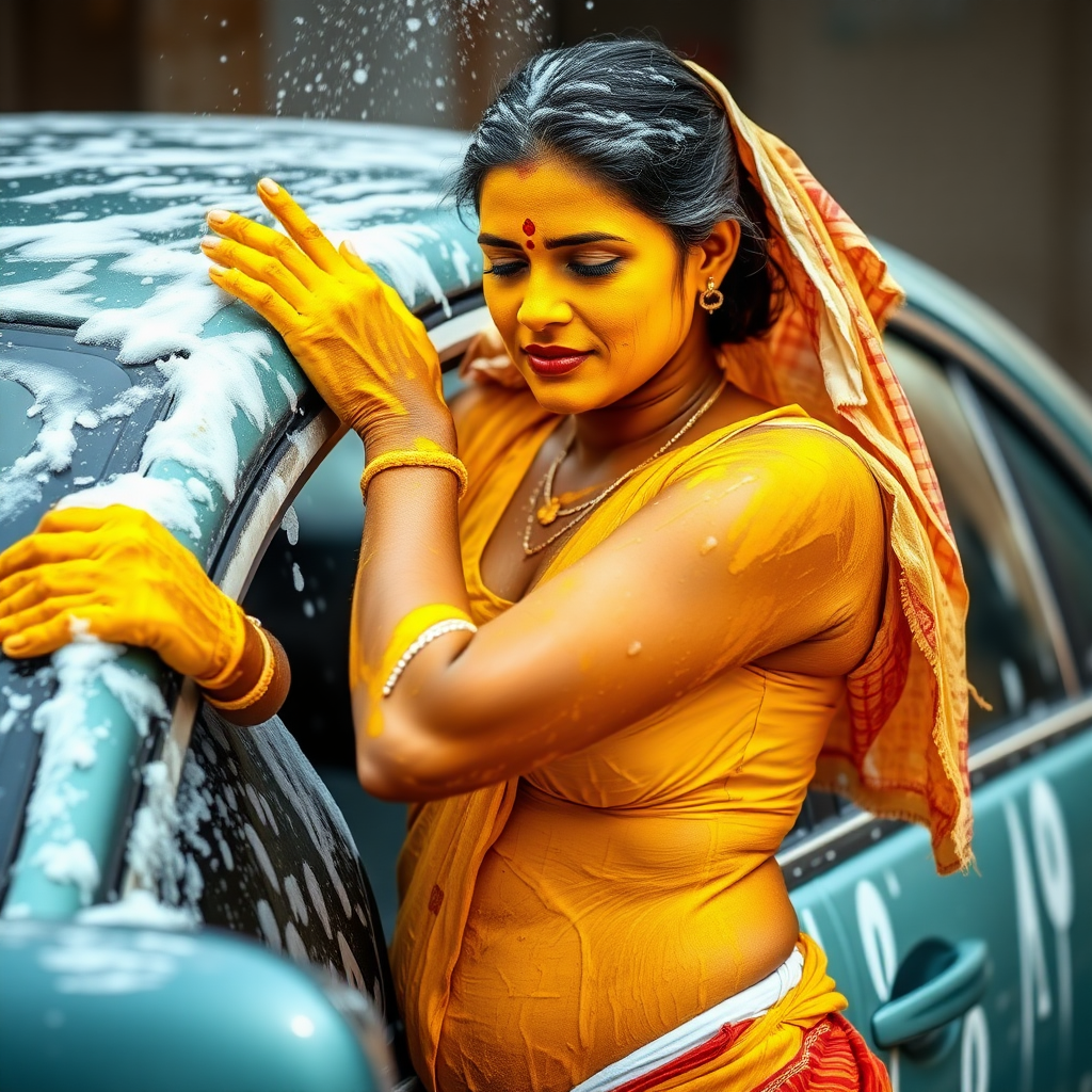 slim, curvy, traditional 30 year old indian maid with hair covering, her face is covered with turmeric mask and body is covered with soap lather. she is washing a car