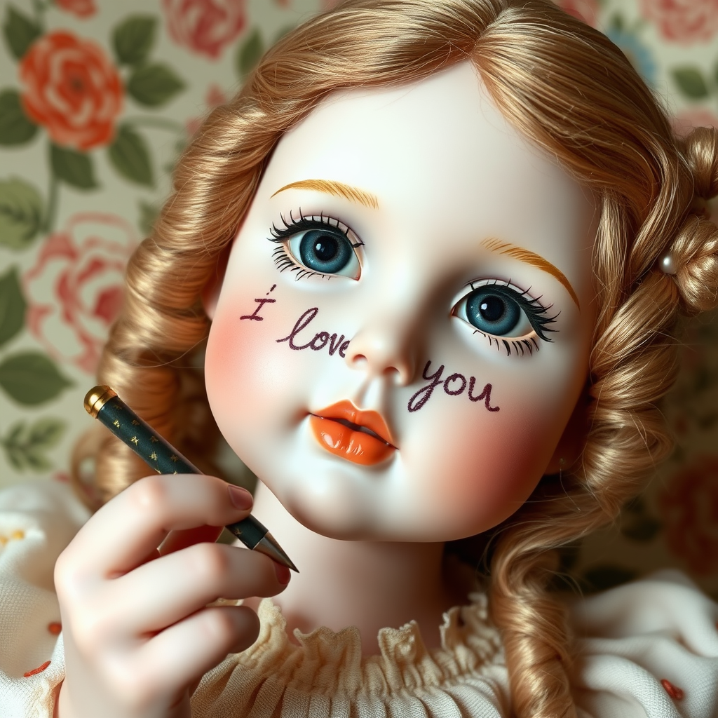 ooak art doll writing "I love you", artist doll, realistic doll, life-like porcelain doll, young preteen girl, unique personality, bisque doll, floral wallpaper