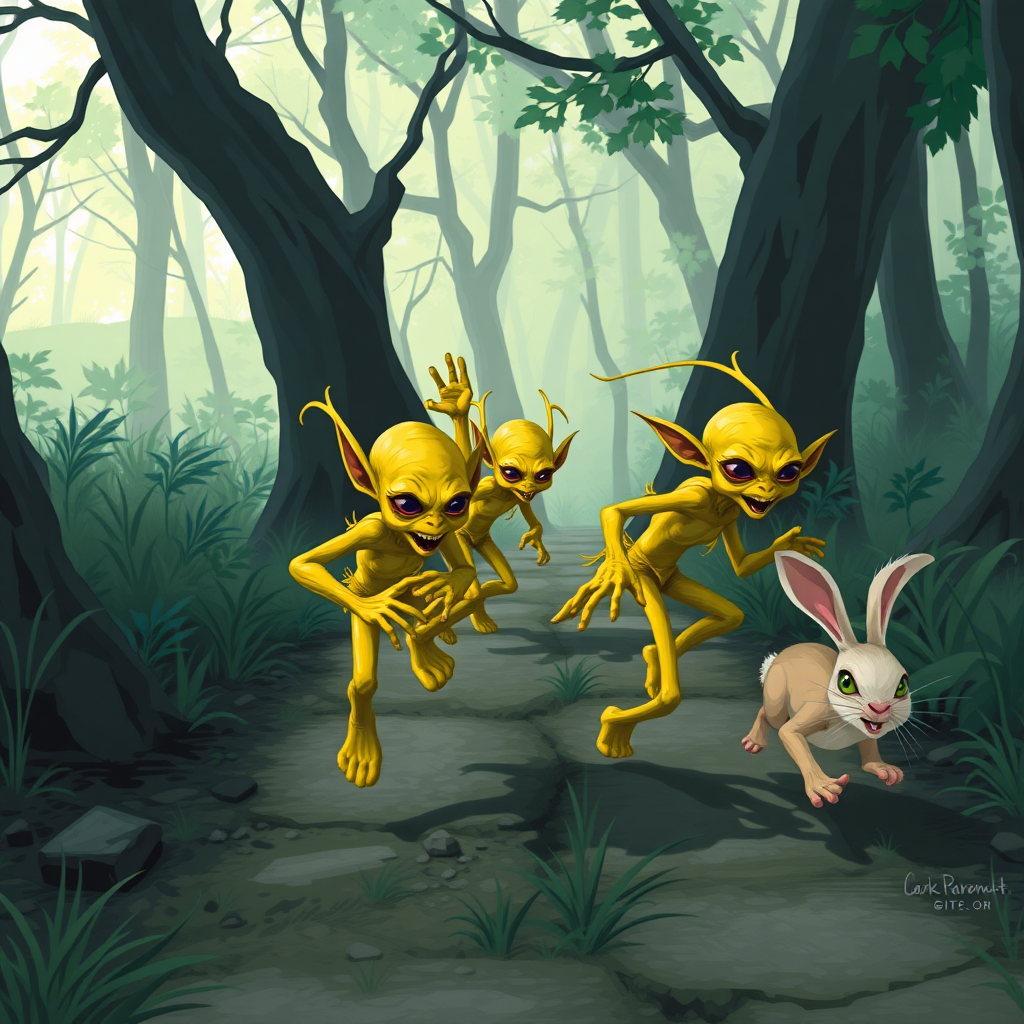 Several skinny, yellow goblins chasing after a fleeing bunny along a forest path