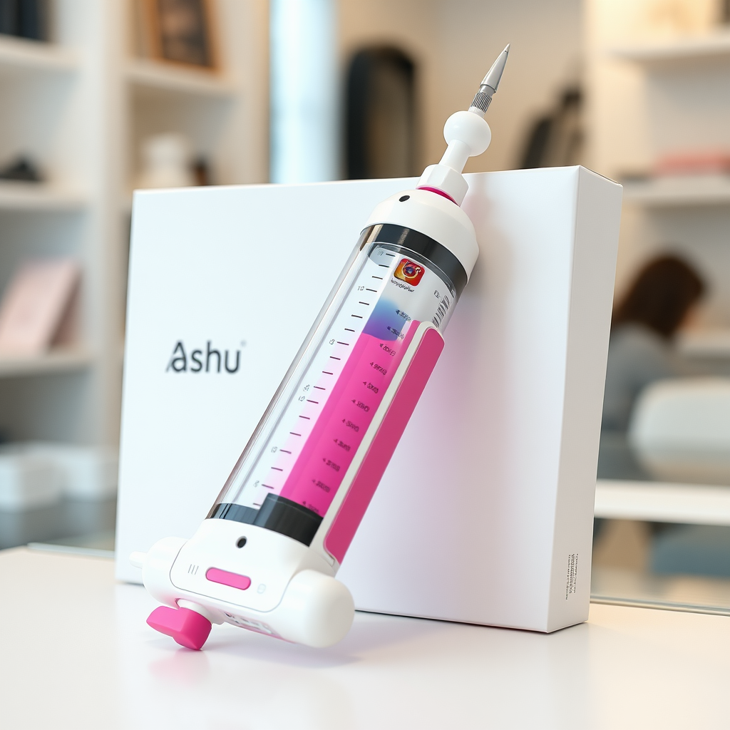 A close-up straight front view of a mobile phone shaped like a syringe, white and pink futuristic, kept for sale leaning against a box with the text "Ashu" and minimal design, in a showroom, metallic body, touchscreen phone with an Instagram page open on the screen, needle on top, white punk.