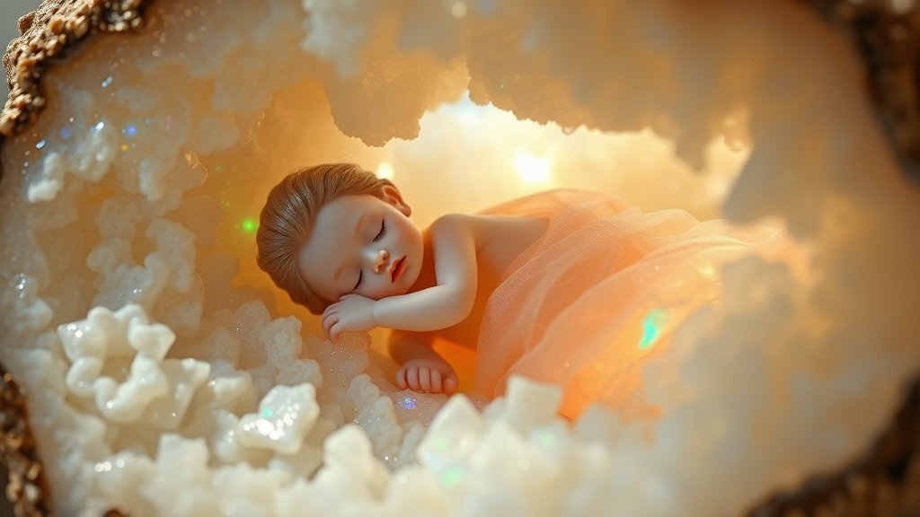 porcelain doll made of opal sleeping in a geode, high quality photo, intricate environment, ultra-detailed, impressionistic, dynamic composition, artistic photograph, geode, alabaster, fractal, brilliant colors, glittering, sunlight, illumination, transparency, translucent, opal