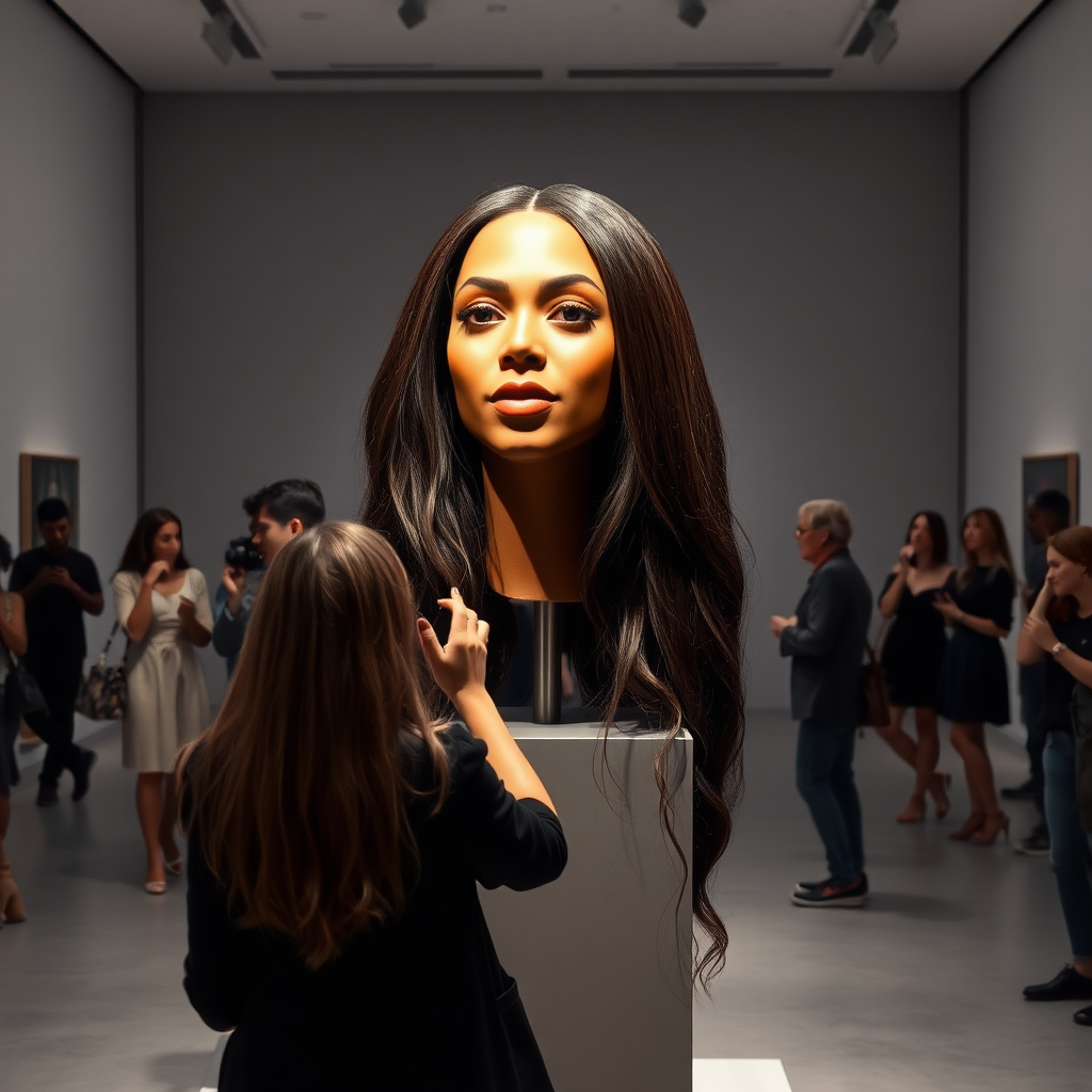 In an enchanting art gallery, a mesmerizing interactive performance art exhibit unfolds, highlighting the stunningly beautiful, very long-haired disembodied head of Beyoncé, elegantly showcased atop a sleek, polished stand. The room is brightly lit, with soft, focused spotlights illuminating her radiant features, accentuating her glossy, flowing hair that cascades down like a waterfall of dark silk. The backdrop is a minimalist, plain gray canvas that expertly contrasts with the vibrant strands of her hair, drawing every eye to the captivating spectacle.

Visitors meander through the space, their fingers twitching with excitement as they gingerly reach out to stroke and style her luxurious locks. The atmosphere buzzes with anticipation and playful fascination, as hushed whispers of admiration ripple through the crowd. Every graceful movement within the gallery is accompanied by a soft rustling of hair as people explore the tactile delight of this extraordinary centerpiece, creating a blend of art and intimacy. The air is alive with a sense of wonder and curiosity, inviting each participant to engage in a whimsical dance of interaction and creativity amidst this unconventional celebration of beauty and artistry.