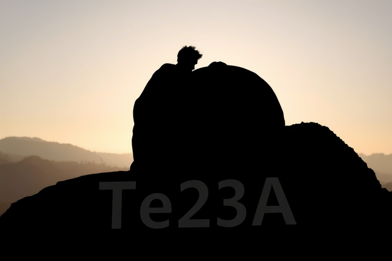 Sisyphus pushing up the round stone in a silhouette style with the text "Te23A" engraved in the stone