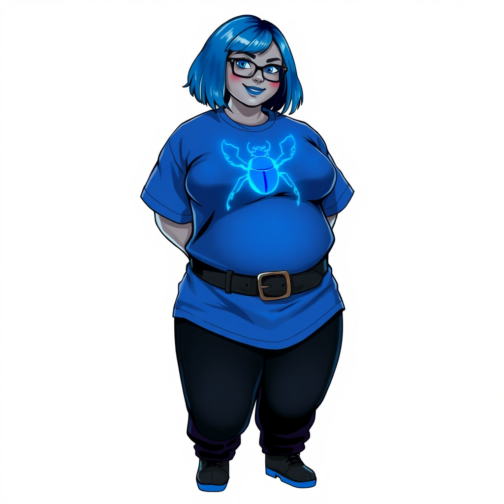 A 28-year-old, full-figured, metallic middle gray-skinned computer program hybrid with a maximum blue bob cut. She has a non-athletic build, highlighted by a prominent, round, large midsection (with a full emphasis on her belly). As a digital sidekick, computer hacker, and nerdy girlfriend to her cyberpunk vigilante boyfriend, her middle gray metallic skin and maximum blue lipstick emphasize her digital nature. She wears a costume consisting of an oversized, tight-fitting, maximum blue t-shirt (accentuating her large belly) with a neon blue glowing chest icon of a beetle, black pants, a black belt with a sapphire scarab buckle, and black gloves. Her bright blue eyes, black eyeglasses, and lovestruck smile with neon red blush accentuate her nerdiness. She stands bashfully with her hands behind her back, her t-shirt covering all her skin (especially her large belly) and emphasizing her full-figured, non-athletic physique. She is on a solid white background. She is drawn as if she was in a retro 2D cyberpunk fighting game. She is clearly non-athletic, with emphasis on her full-figured and pudgy physique. Ensure her t-shirt covers her midsection (especially her large belly).