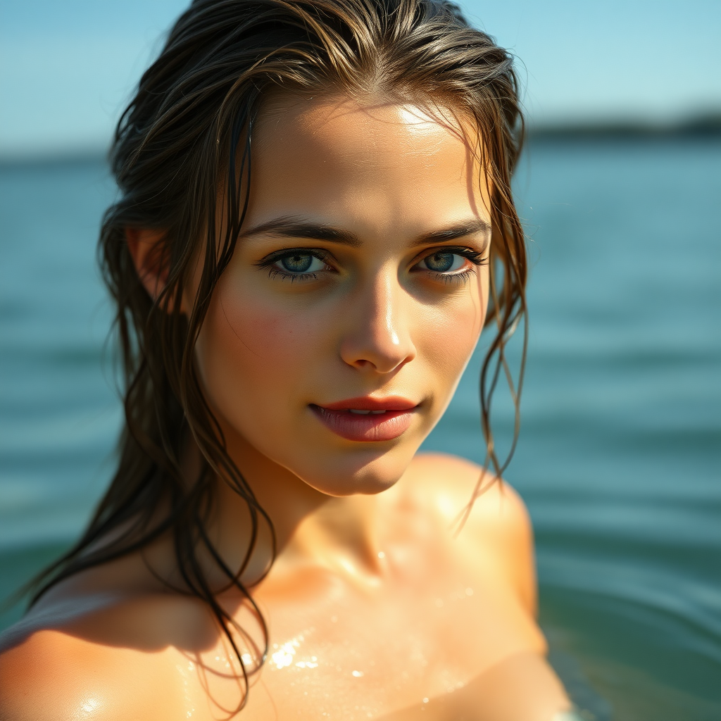 a young european woman just coming out of a lake. she has wet hair. she is topless. photo