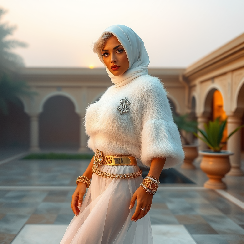 Kuwait desert palace harem patio misty dawn: Melissa, European 17 years old very convincing femboy “trophy-bimbo”, tamed servile docile, very beautiful feminine flawless face, rather short, by hormones very curvaceous womanly figured, platinum blond short tight curls, heavily made-up eyes, wearing Supertanya-style fluffy very fuzzy bright white angora turtleneck-poncho cropped ending under bust decorated with pearls and gemstones, striking oriental wide gold bridal protection belt, white fully transparent harem pants, full Oriental bridal jewelry, face covered by white sheer full Burka, coin anklets, striking diamond “$$$” letter brooch on left chest, pout frustrated, seductively dancing for the sheik, looking at camera. Full side view.