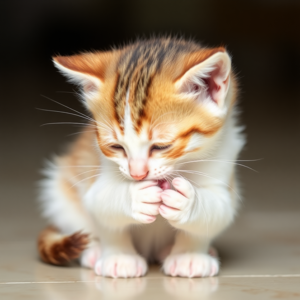 A cute little kitten is licking its paws.