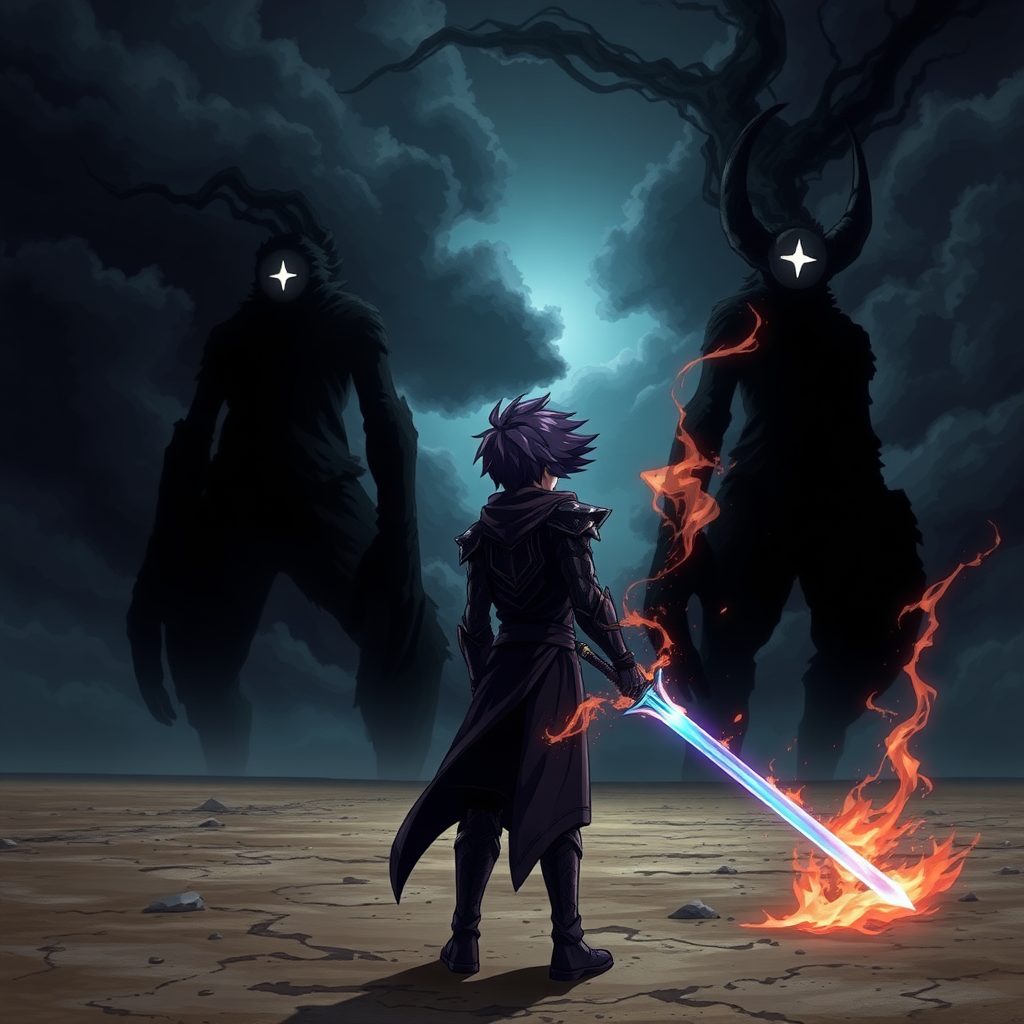 (Anime Style Art), In a post-apocalyptic wasteland, under ominous dark skies, a desolate plain stretches endlessly. Three towering, humanoid titans made of pure, shifting shadows loom over the land—beings of absolute darkness. Their bodies ripple with black smoke, each possessing a single piercing white star-like eye that gleams menacingly. Two of them are slender, stick-like figures, while the massive, center titan boasts a hulking, grotesque form with two jagged horns protruding from its head, exuding raw power. These are The Roaring Titans, bringers of destruction.

In the foreground, a defiant young teen stands firm with his back to the titans. His wild purple hair sways in the wind, matching his sleek, dark-purple knight armor that glows faintly with ethereal energy. In his hand, he grips a magnificent sword engulfed in rainbow-colored flames, ready to take on the impossible. His stance is fearless, radiating the aura of a warrior facing down the apocalypse itself.