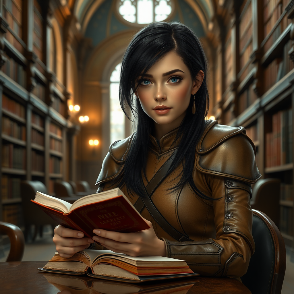 beautiful young woman, dark hair past her shoulders, blue eyes, small, slim figure, wearing full, light-brown leather armor suit, sitting at a table reading a book with a sandwich, in a grand old library.