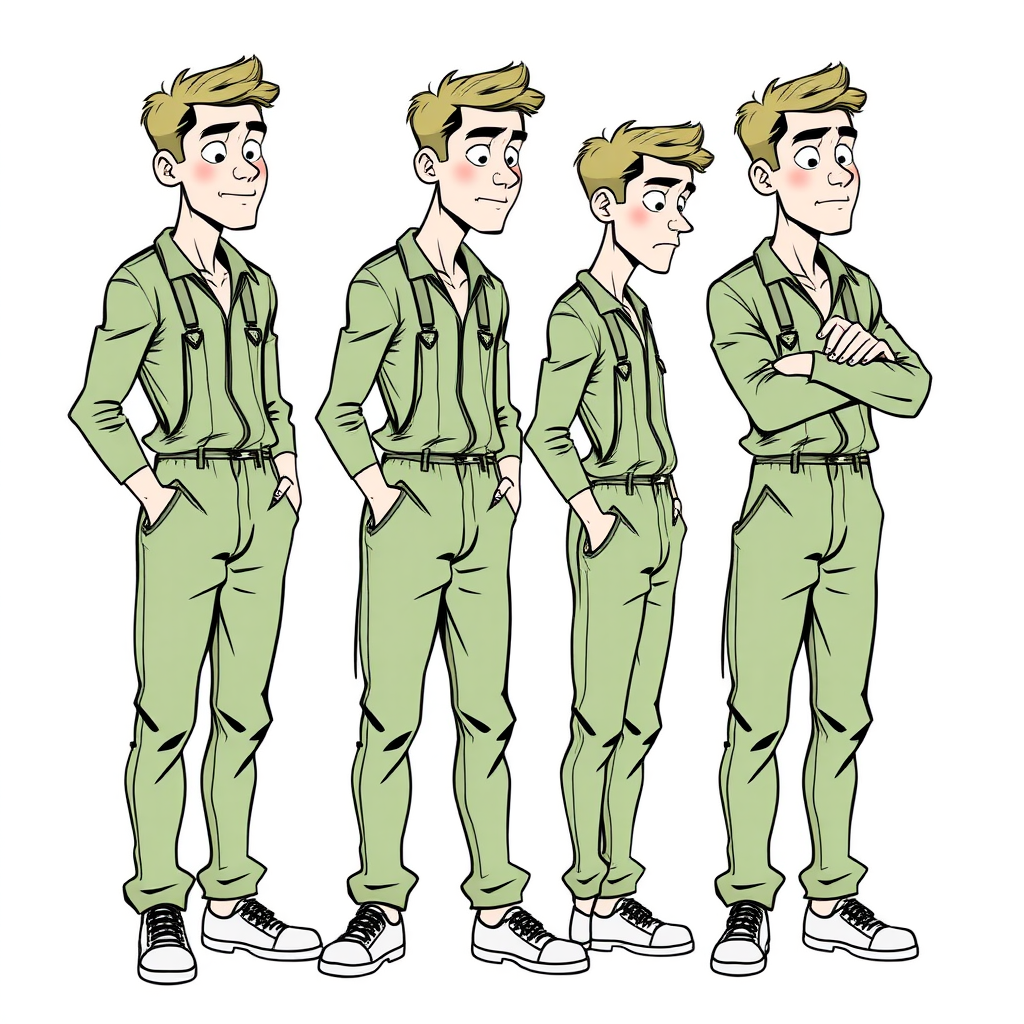 multiple views with progression, character design sheet, blushing shy nervous 20 year old european skinny man, wearing long sleeve green coveralls, is trying to conceal his arousal, detailed features, bulging pants, long establishing shot, 2D, caricature, cartoon, Sketch lines, coloring book, black and white, coloring book style on white background, well composed, clean coloring book page, No dither, no gradient, strong outline, No fill, No solids, vector illustration, side view, vector illustration, empty space around each view