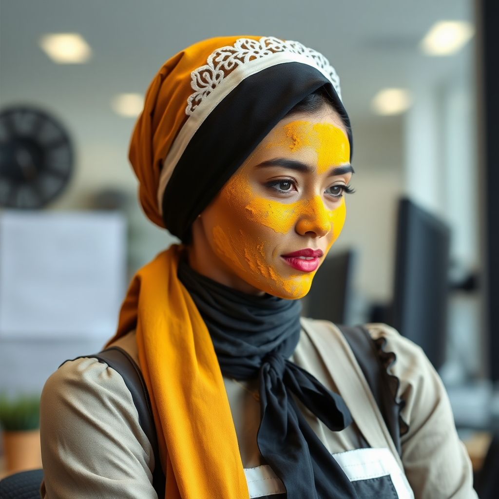 slim, modern, french maid, scarf head, turmeric paste on face, working in office