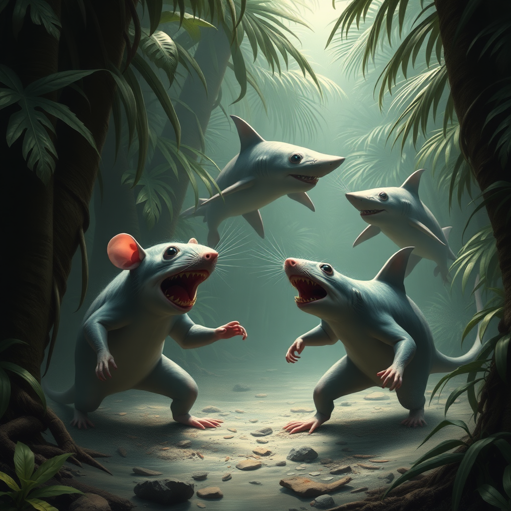 A rat wedding being attacked by hammerhead sharks, no text, Lovecraftian, sci-fi, in the jungle.