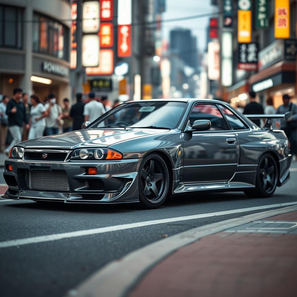 The car is parked on the side of the road, inspired by Taiyō Matsumoto, tumblr, restomod, nd4, c4 metallic shine gray black nissan skyline r34 crowded tokyo night background flawless detailed overall details.