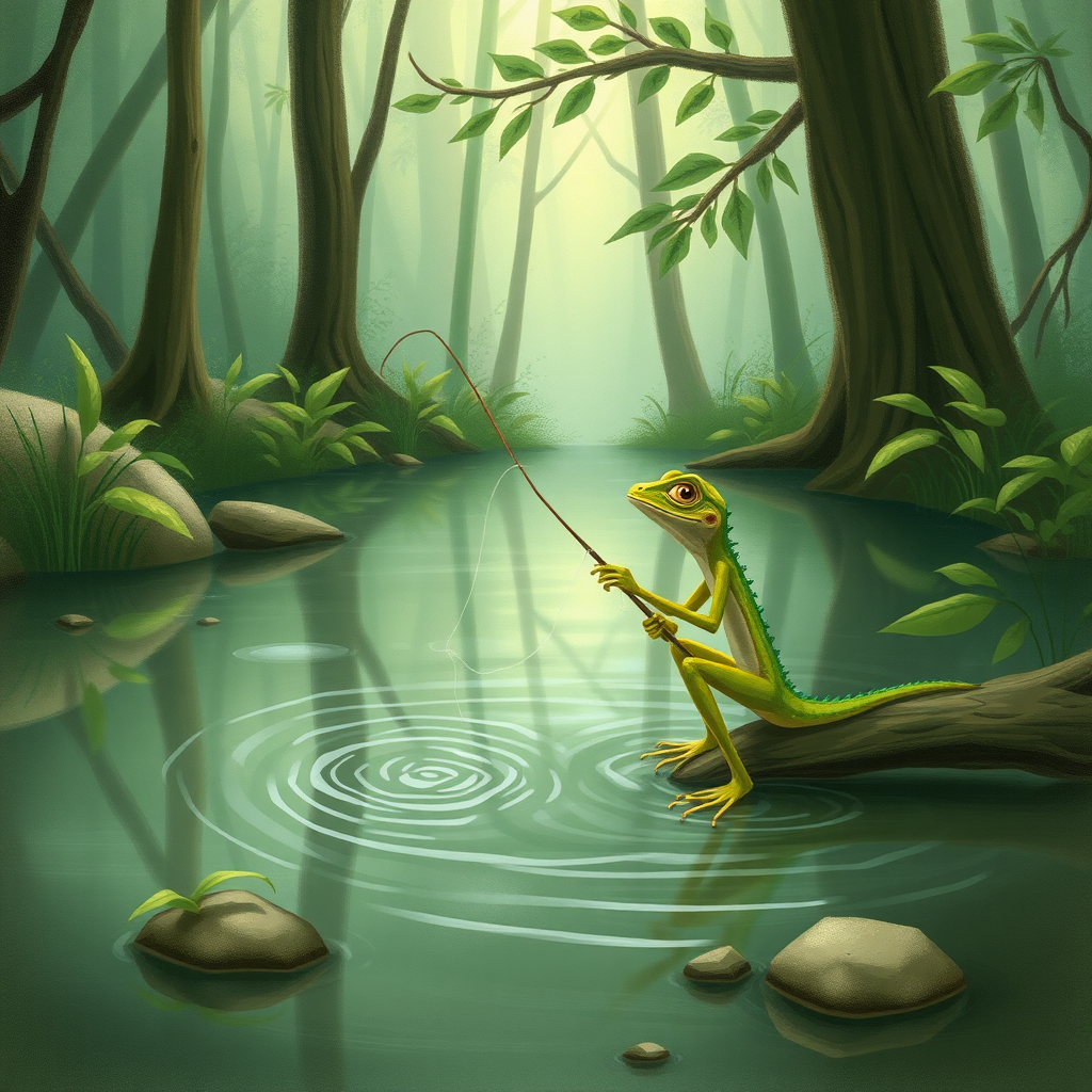 A small, skinny lizard man fishing in a small forest pond