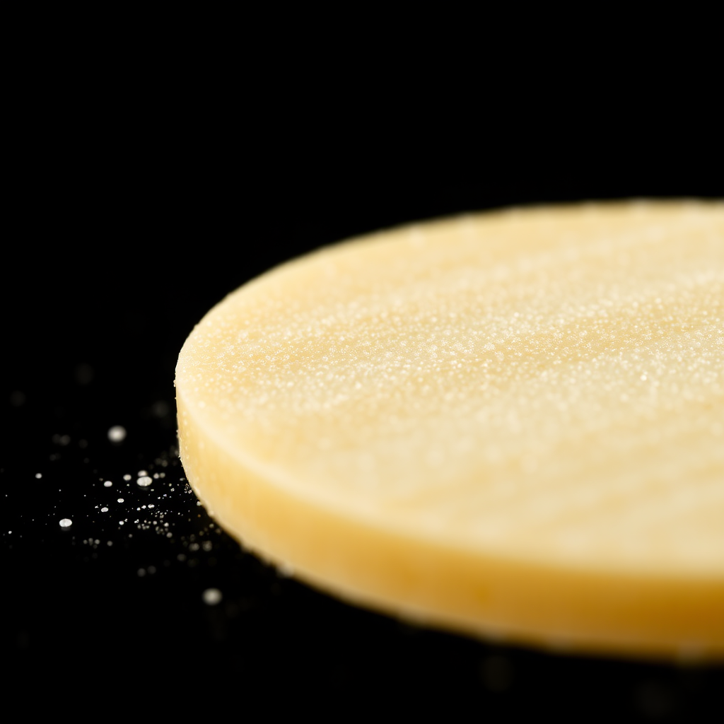 Close-up of the round wafer, which takes up half of the photo, light glow, dust particles in a black background