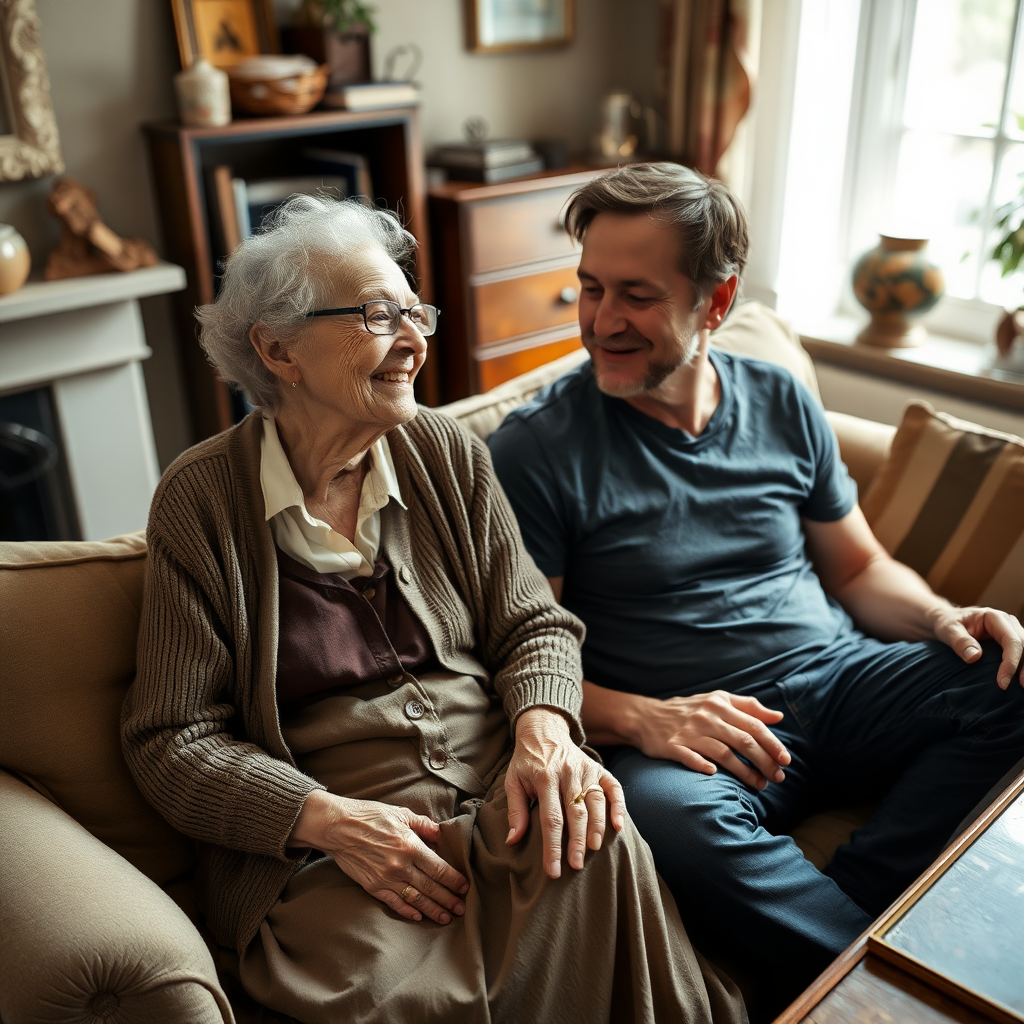 In a scene viewed from an angle and slightly above: In an old-fashioned English living room, a very frail, small and thin, very old and elderly English lady with a kind smile, short, thinning white curly hair, wrinkled face, neck and skin, wearing thin framed glasses, an old cardigan, blouse and long skirt is sitting on a sofa with an English man about 40 years old, grey stubble on his chin, brown hair, sitting close next to her on the same sofa, wearing a black T-shirt and dark blue jeans. The man and woman are smiling at each other. The woman is looking at the man's eyes and smiling. The man is looking at the woman's eyes and smiling.