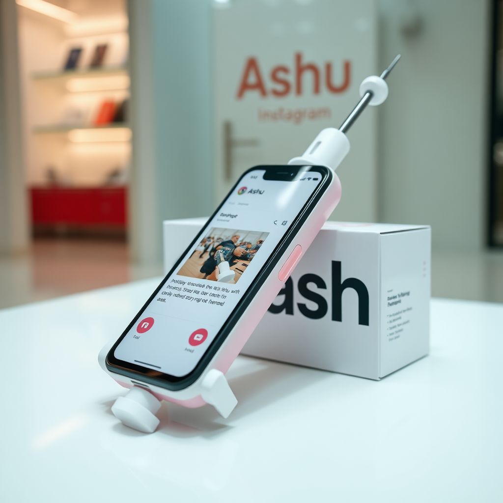 A close-up straight front view of a mobile phone in the shape inspired by a syringe, white pink futuristic, kept for sale leaning to a box with text Ashu and minimal design, in showroom, touchscreen phone with Instagram page open on screen, needle on top, whitepunk.