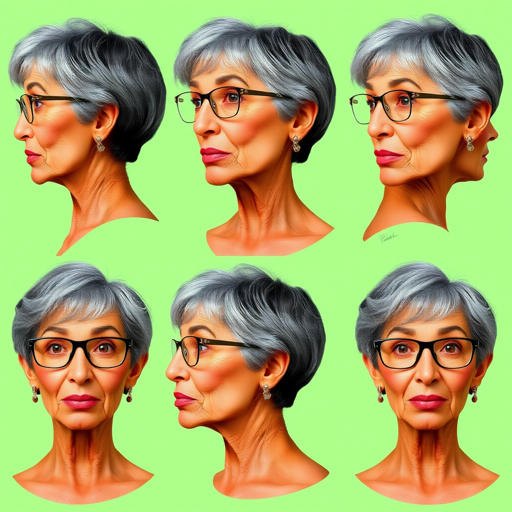 Photorealistic image of six headshots of a 50 Years old, fit, European, Latina, sharp aquiline nose, wrinkles, high cheekbones, Middle Eastern, Skinny, Tanned skin, Dark light skin, full Makeup, jewelry, Sharp nose, exaggerated expression, licking her lips, mouth open, dark grey Ash hair, short bowl haircut, Brown eye color, Glasses, with detailed features. Each photo displays the same face in back, profile and front view, cut out and isolated on a green background. All six heads are visible side by side, empty space around each view, no overlapping.