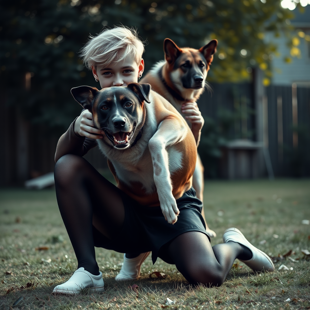 photorealistic, ultra high resolution, 16K, surreal fantasy, studio lighting, a pretty 16 year old goth male, slim male physique, short blonde hair, goth makeup, earrings, pantyhose, white ballet shoes, playing with his large dog in the yard - he is kneeling forward, while the dog stands up behind him and rests its paws on the boys shoulders, excited smile, facing the camera.